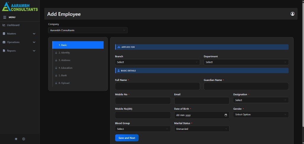 HRMS employee management screen